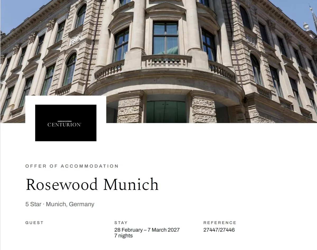A GLDS client offer for Rosewood Munich, branded in the American Express Centurion design instead of GLDS's own.