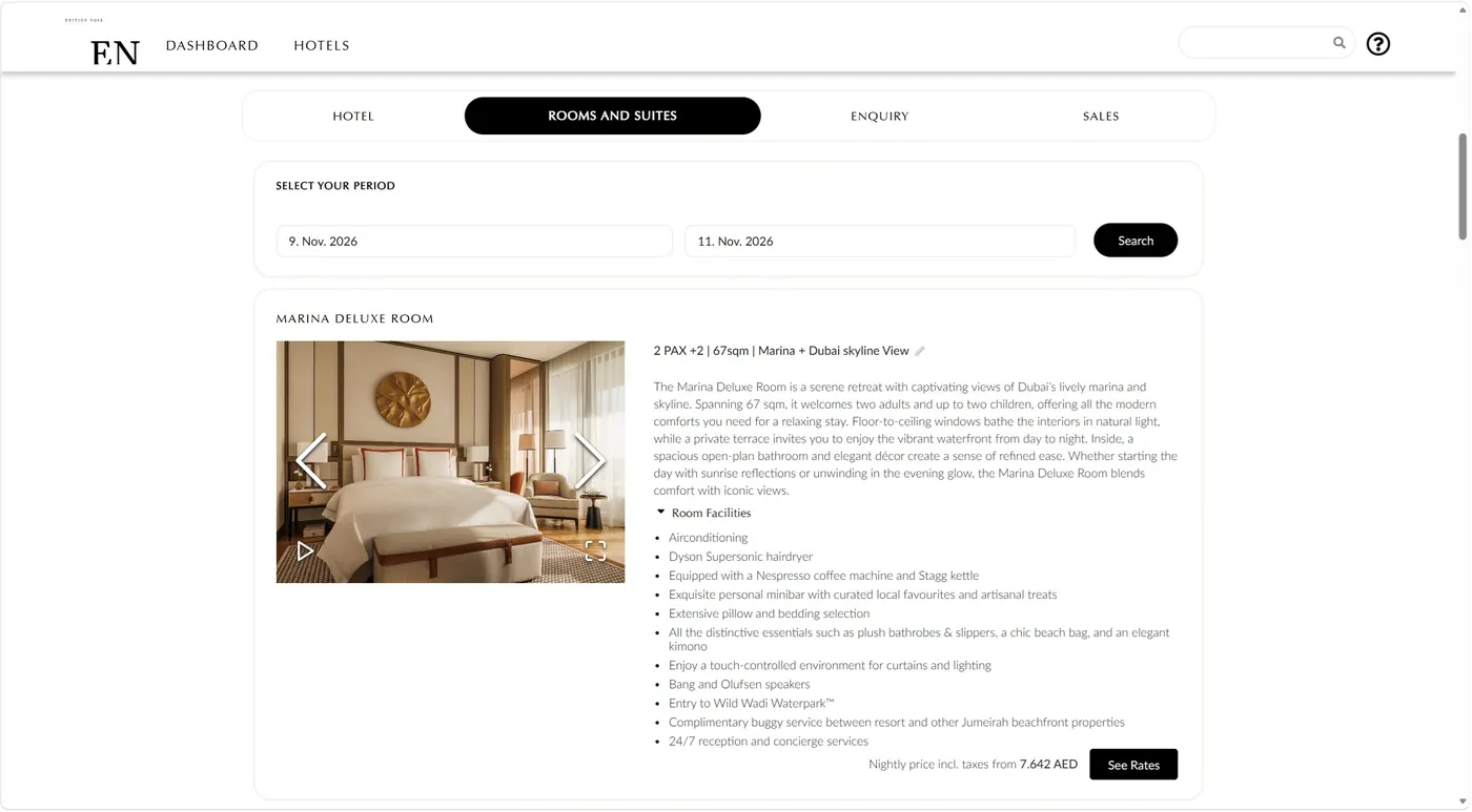 A branded booking screen showing the Marina Deluxe Room in Dubai, available 9 to 11 November 2026, with room photo, amenities and nightly price.
